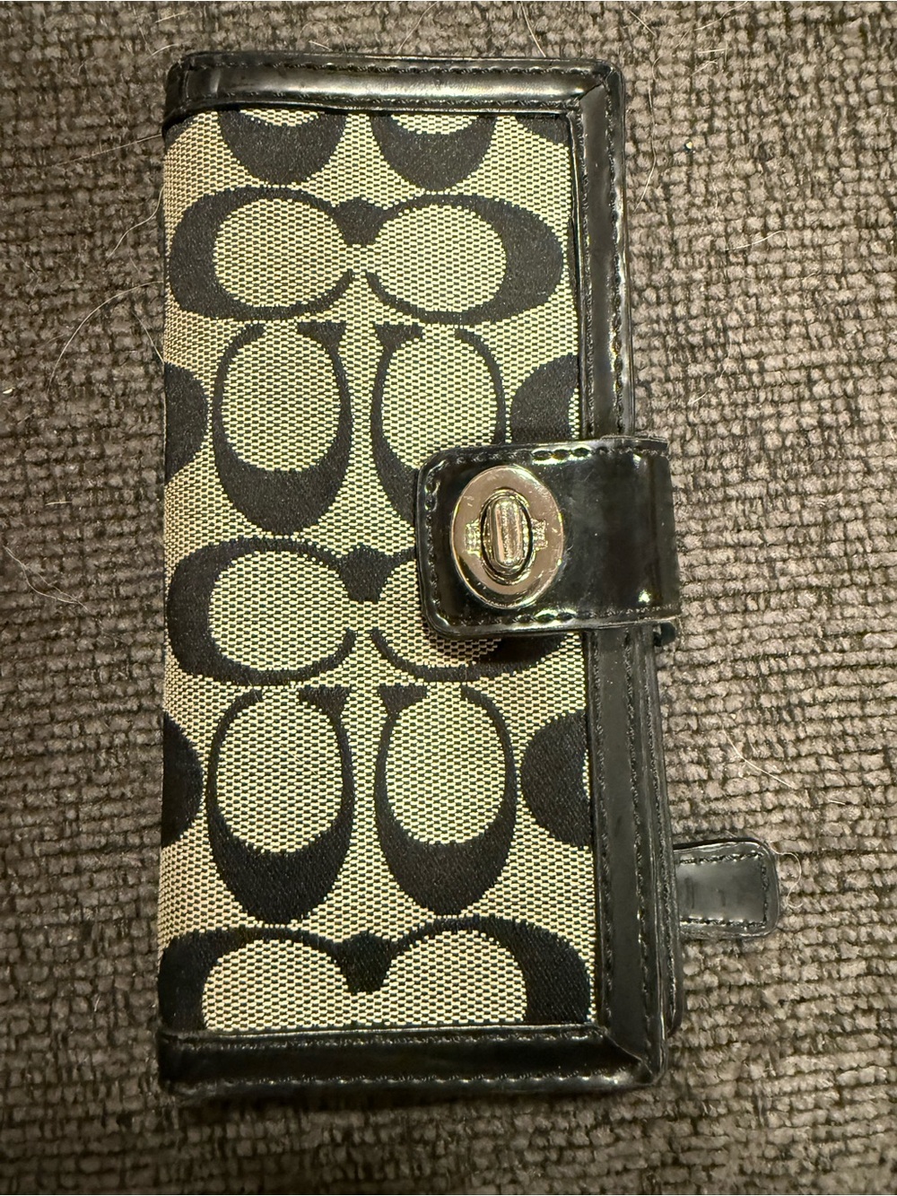 Coach Black/Tan Signature Canvas  Wallet Case with Snap Closure